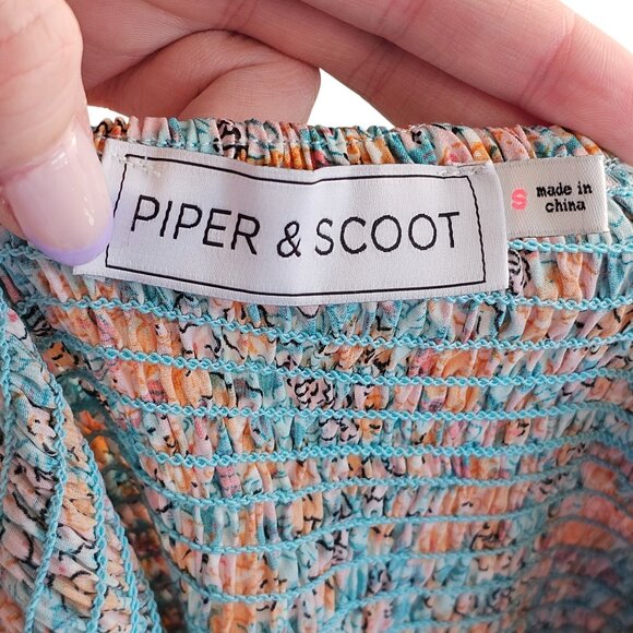Piper & Scoot Light Blue & Orange Puff Sleeve Floral Dress Sz S - Picture 4 of 6